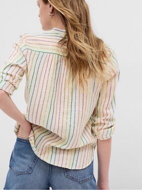 Gap Crinkle Gauze Cream Rainbow-Stripe Button-Up Shirt